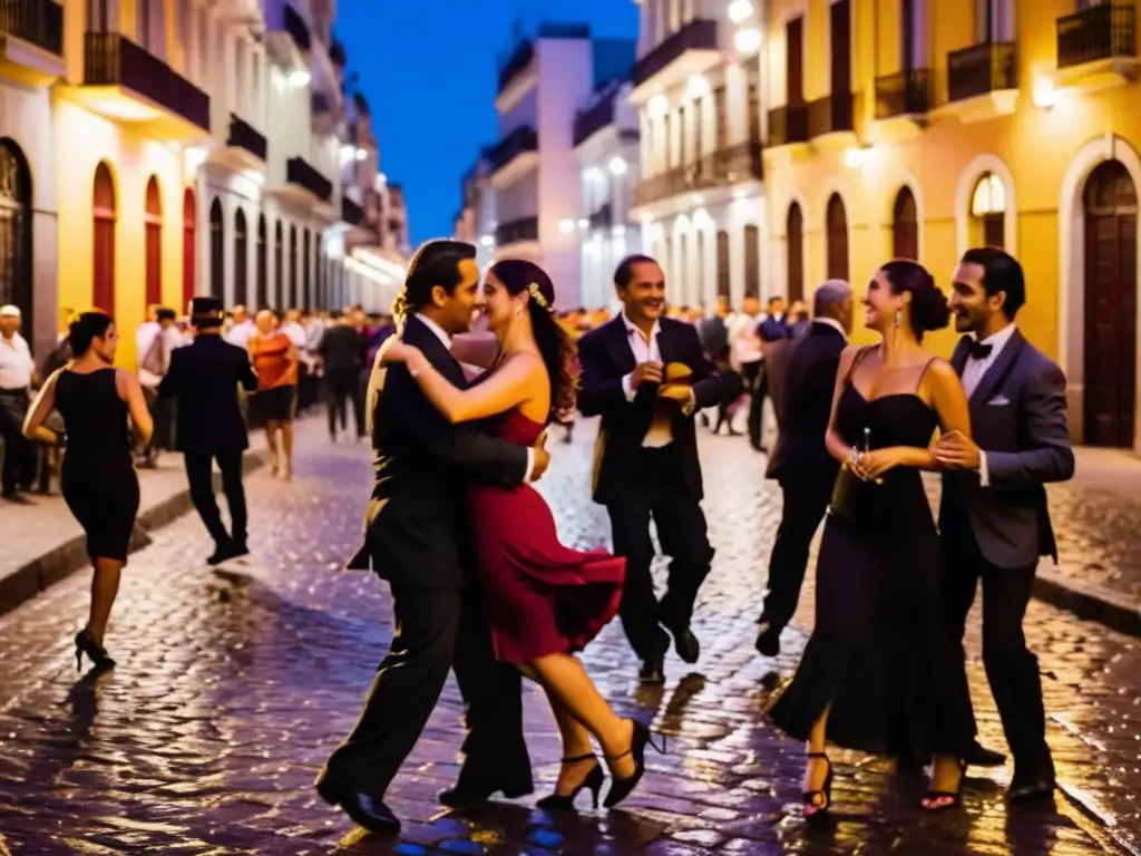 Festivales imperdibles Uruguay: Escena vibrante del Festival de Tango en Montevideo, con bailarines apasionados y calles doradas