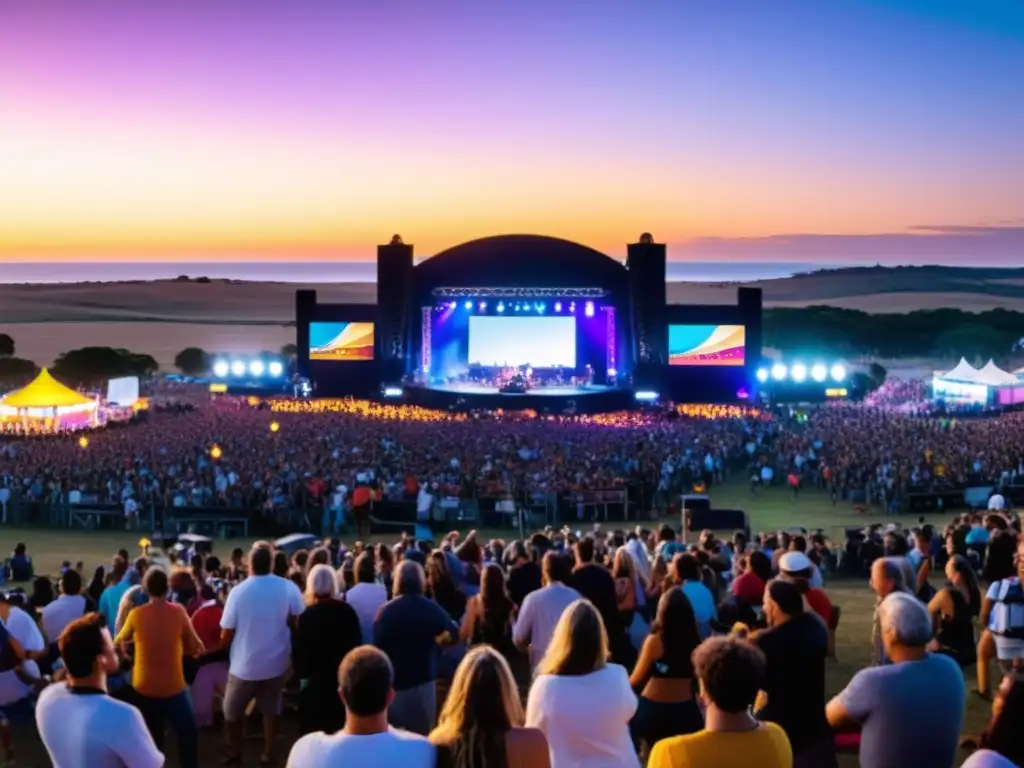 Festivales de música en Uruguay 2023: Panorama dorado de gente bailando al atardecer, ondeando banderas uruguayas con las colinas verdes al fondo