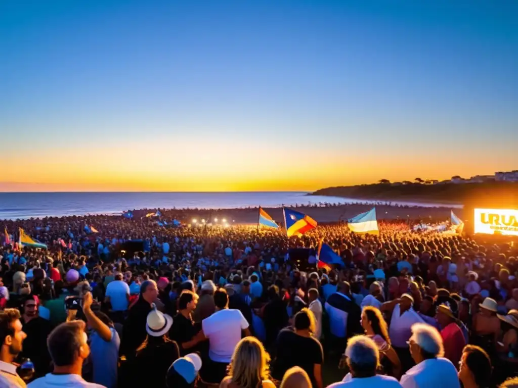 Festivales de música en Uruguay 2023 en una playa al atardecer, con una multitud vibrante disfrutando de música latina bajo un cielo dorado