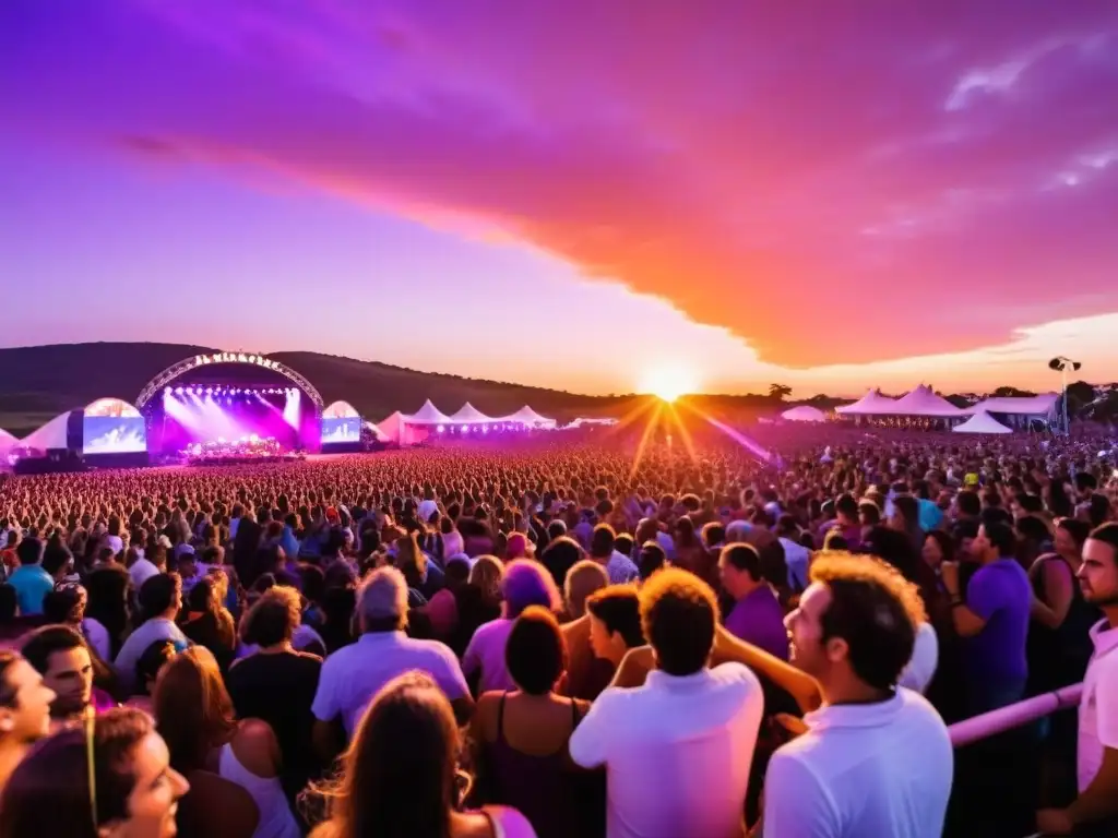 Festivales de música en Uruguay 2023: el sol se pone, iluminando a los fanáticos bailando bajo luces psicodélicas y colores vibrantes