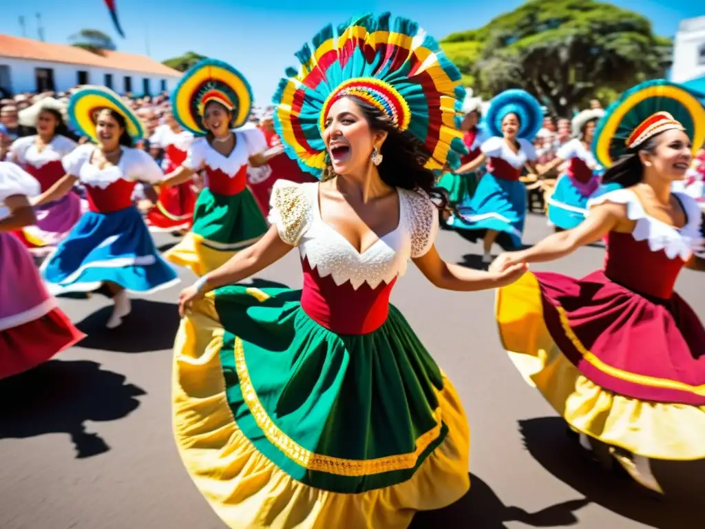 Fotografiando festivales tradicionales en Uruguay, capturando la pasión de los bailarines y la alegría del público, bajo un cielo azul intenso