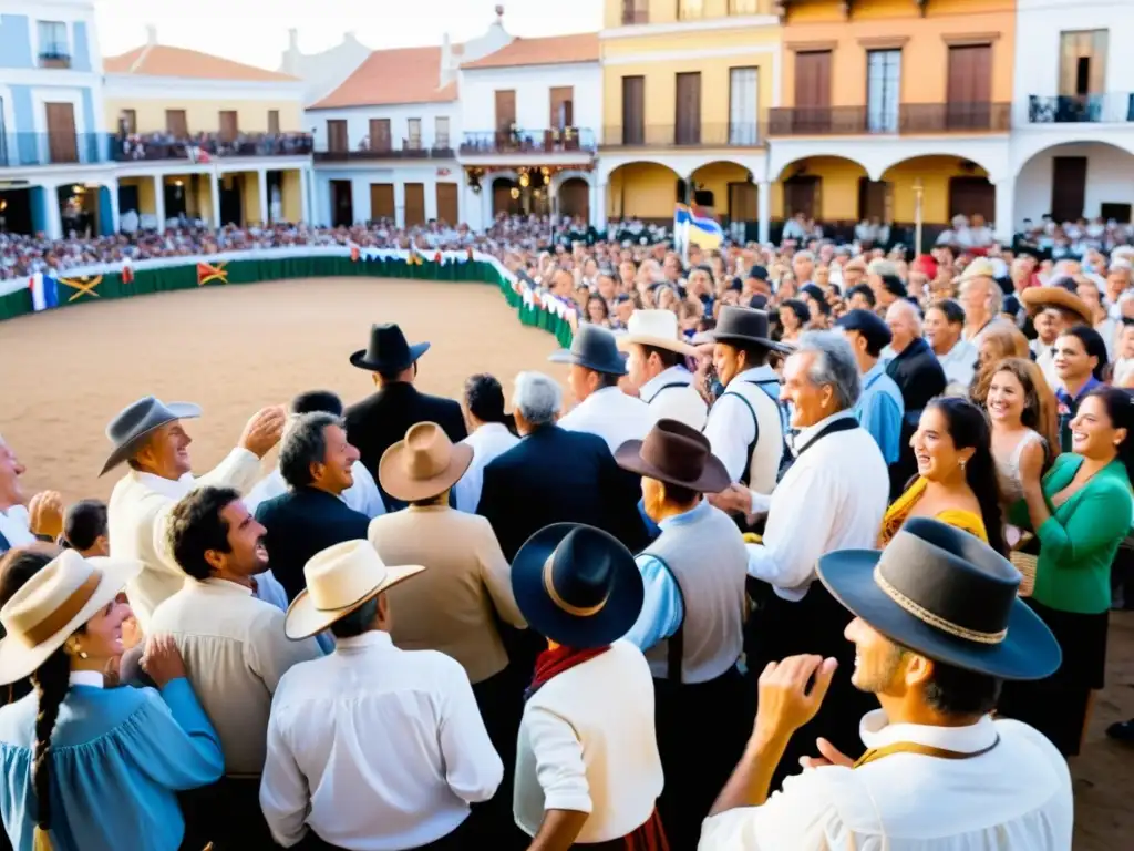 Festivales uruguayos: tradición y modernidad se fusionan en una danza folklórica gaucha en una plaza encantadora, bajo un cielo mágico