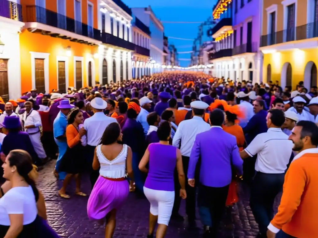 Festivales uruguayos uniendo tradición y modernidad: escena vibrante del Carnaval de Uruguay, con danzantes de candombe celebrando al atardecer