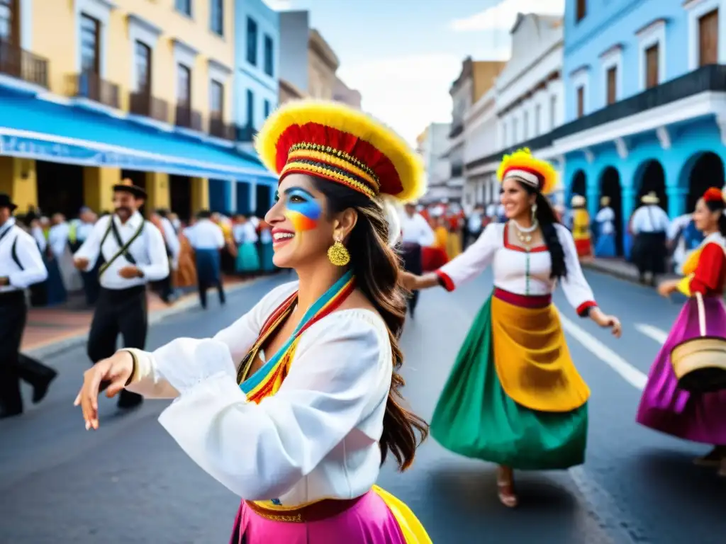 Festivales uruguayos de tradición y modernidad: gente danzando alegremente en trajes típicos, rodeados de arquitectura colonial y rascacielos