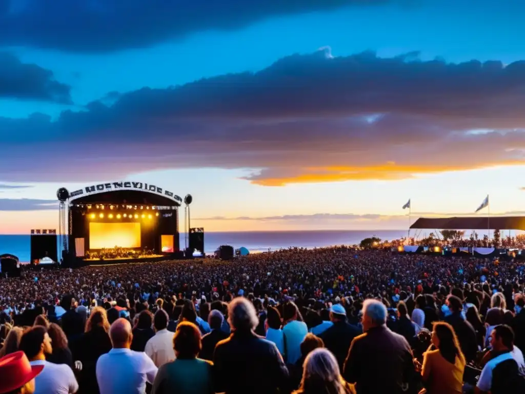 Festivales de música en Uruguay 2023: vista panorámica del vibrante Festival de Música Independiente en Montevideo, bajo un cielo anochecer