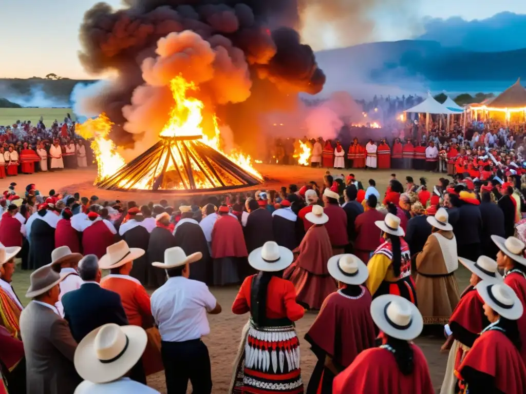 Festividad uruguaya vibrante bajo las estrellas, con danzantes alrededor de una hoguera, mostrando la influencia indígena en festividades uruguayas