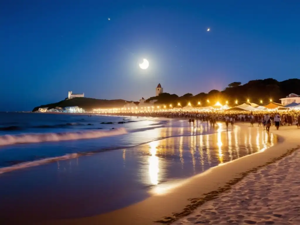 La Fiesta de Iemanjá en Uruguay bajo la luna crepuscular, devotos en blanco ofrendando a la diosa del mar, danzando alrededor de fogatas