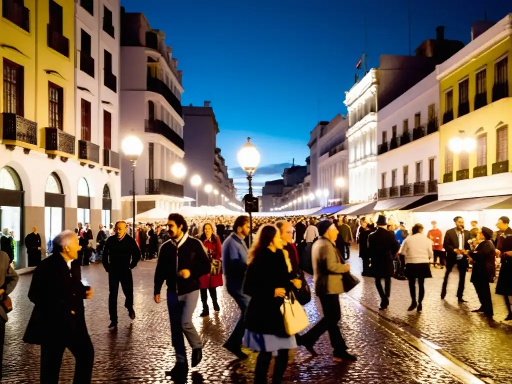 Fiesta de la Noche de la Nostalgia Uruguay: calles de Montevideo llenas de danzantes, autos antiguos y el Palacio Salvo bajo un cielo estrellado