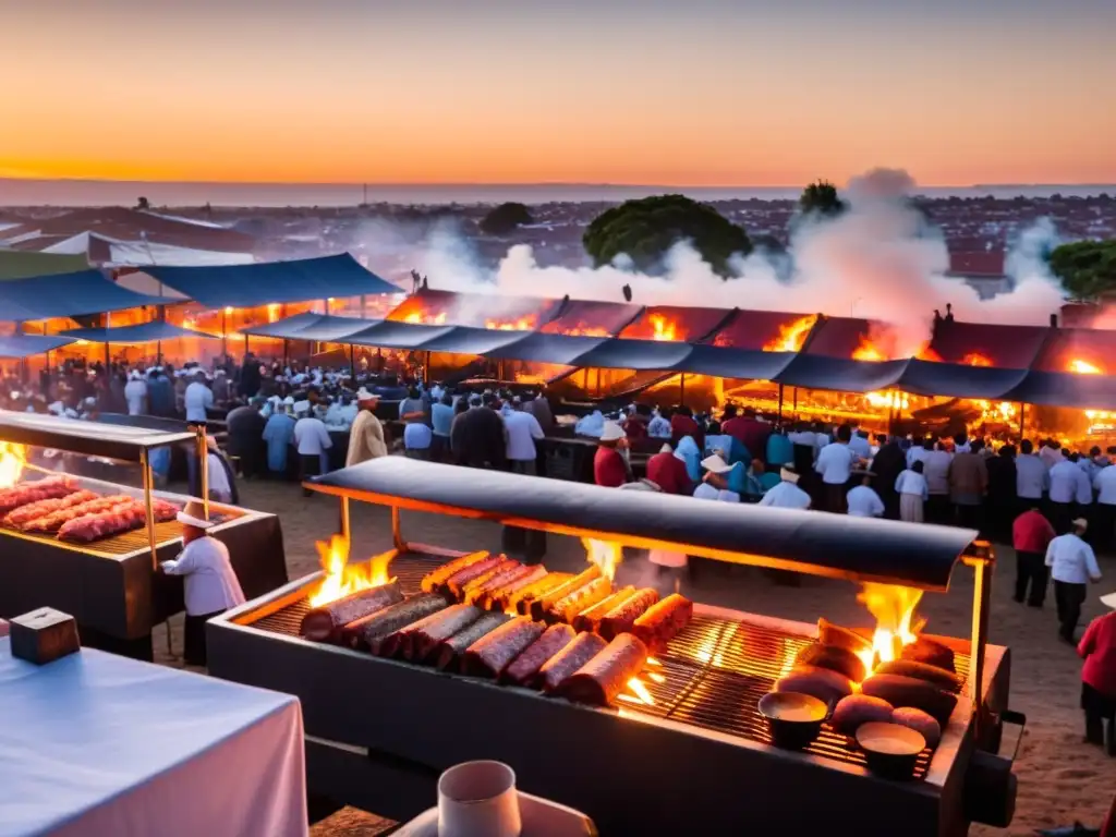 Fiesta de parrilladas tradicionales en Uruguay al atardecer, con gauchos preparando carnes y visitantes disfrutando