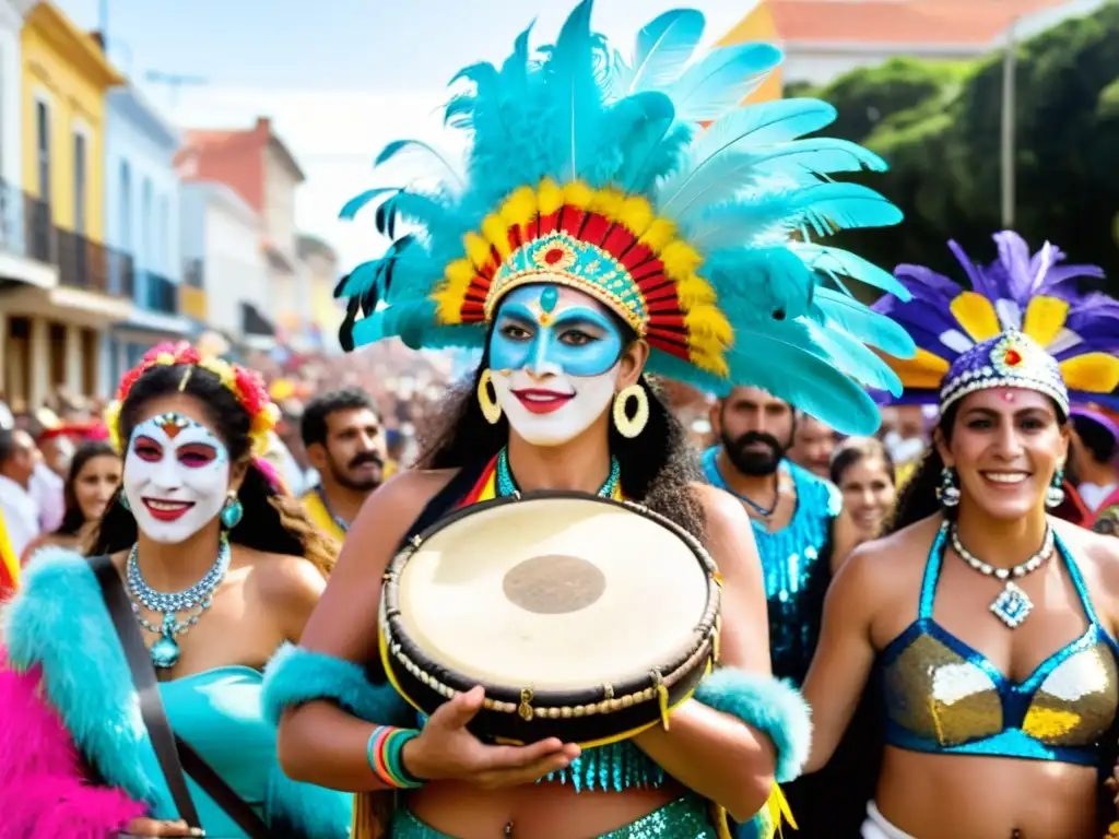 Fiesta de música popular uruguaya en las calles de Montevideo, rostros pintados y trajes brillantes llenan de vida y color la noche