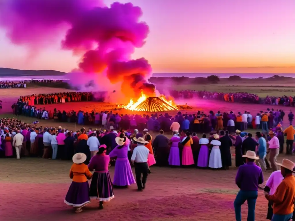 Fiesta tradicional en un pueblo uruguayo al atardecer, con danzas locales, fuego, mercado de artesanías y música enérgica