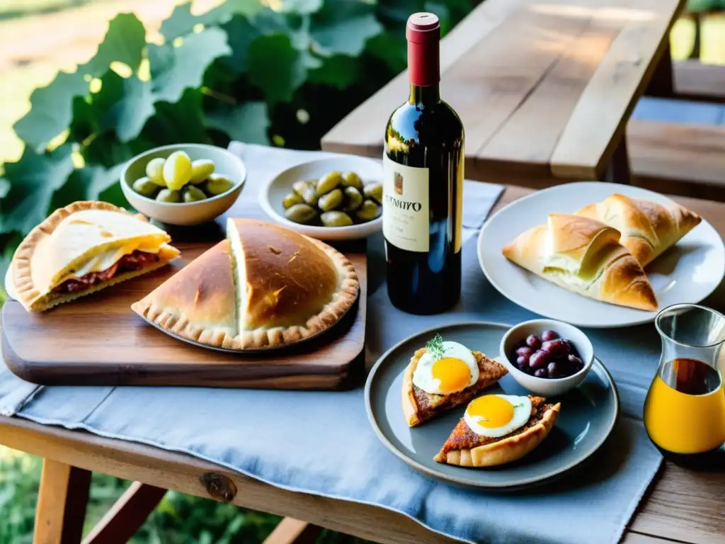 Fiesta de gastronomía rural Uruguay en viñedo soleado, con platos típicos como Chivito y Asado, y vino Tannat sobre mesa rústica