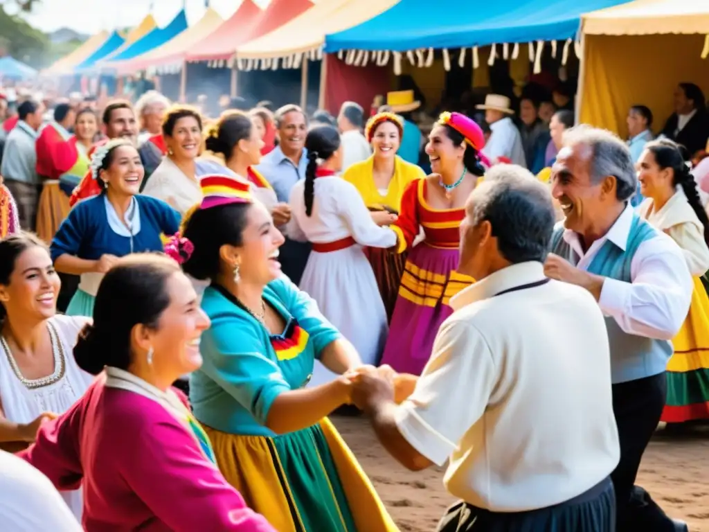 Fiestas y festivales tradicionales en Uruguay: danza folklórica vibrante, puestos de comida y artesanía, y arquitectura colonial bajo el crepúsculo