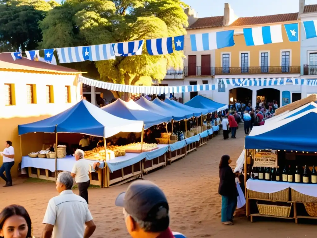 Fiestas tradicionales pueblos Uruguay: Calle animada en dorado atardecer, danzas, banderas azul y blanco, puestos de artesanías y sabores locales