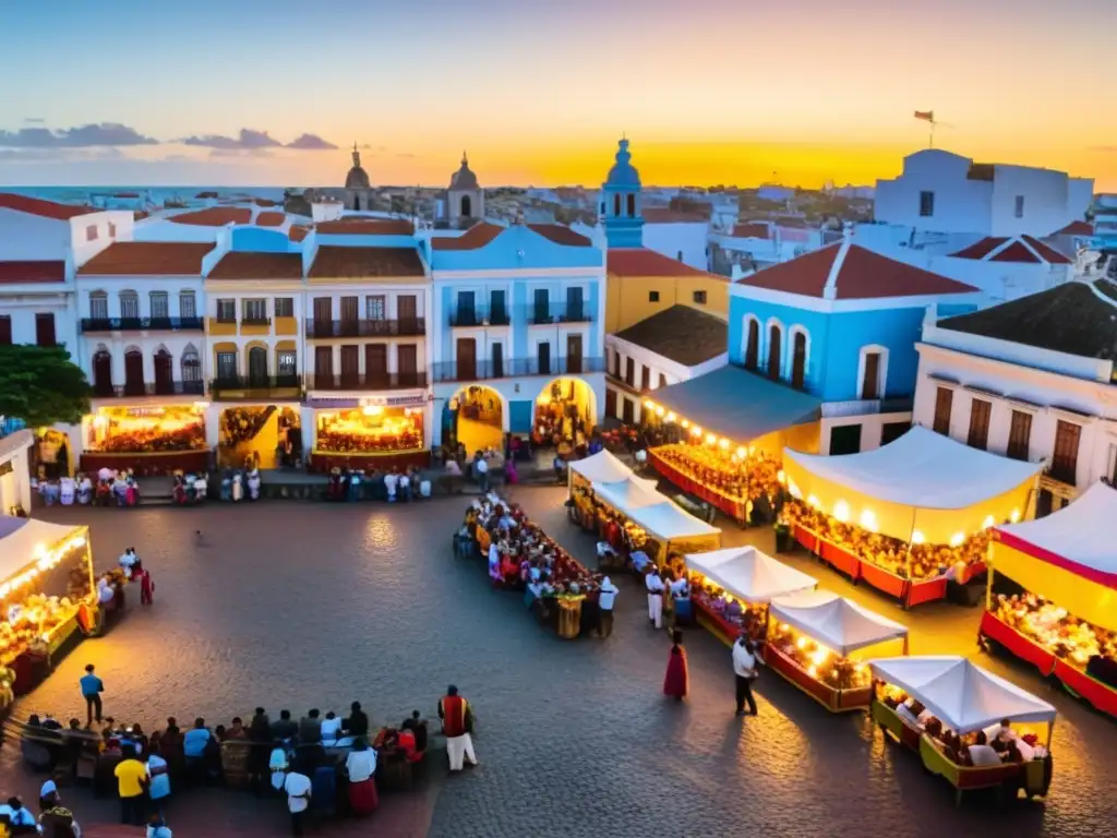 Fiestas tradicionales de pueblos de Uruguay: plaza empedrada vibrante y colorida, gente celebrando al ritmo de Candombe bajo el sol dorado