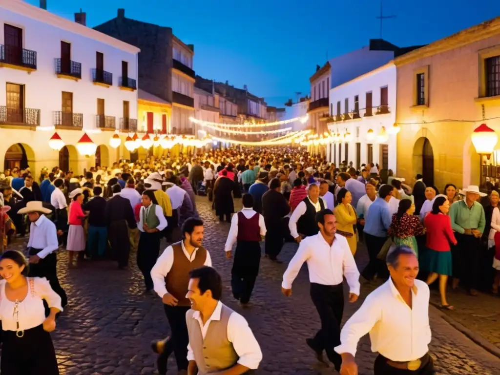 Fiestas tradicionales de pueblos Uruguay: gauchos danzando bajo farolillos, puestos de comida local y arquitectura colonial bajo cielo estrellado