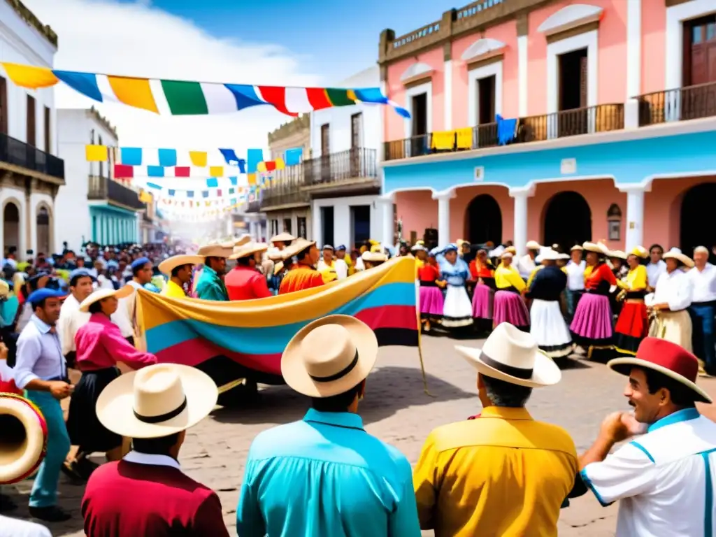 Fiestas tradicionales pueblos Uruguay: Gauchos en ropa colorida bailan al ritmo del Candombe en un atardecer dorado