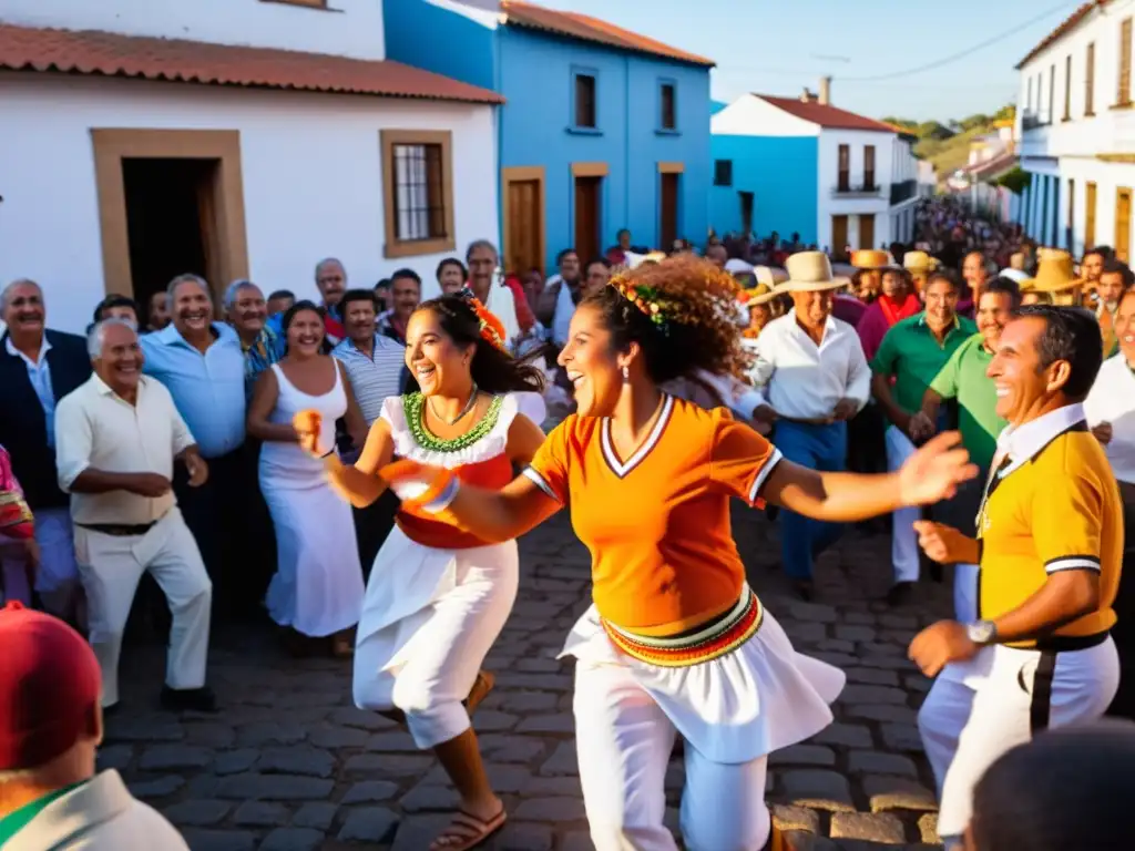 Fiestas tradicionales pueblos Uruguay: al caer el sol, locales danzan el Candombe en calles adoquinadas, entre risas, artesanías y carros decorados