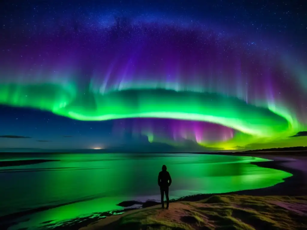 Figura solitaria capturando con su cámara las vibrantes tonalidades de la Aurora Austral sobre Uruguay