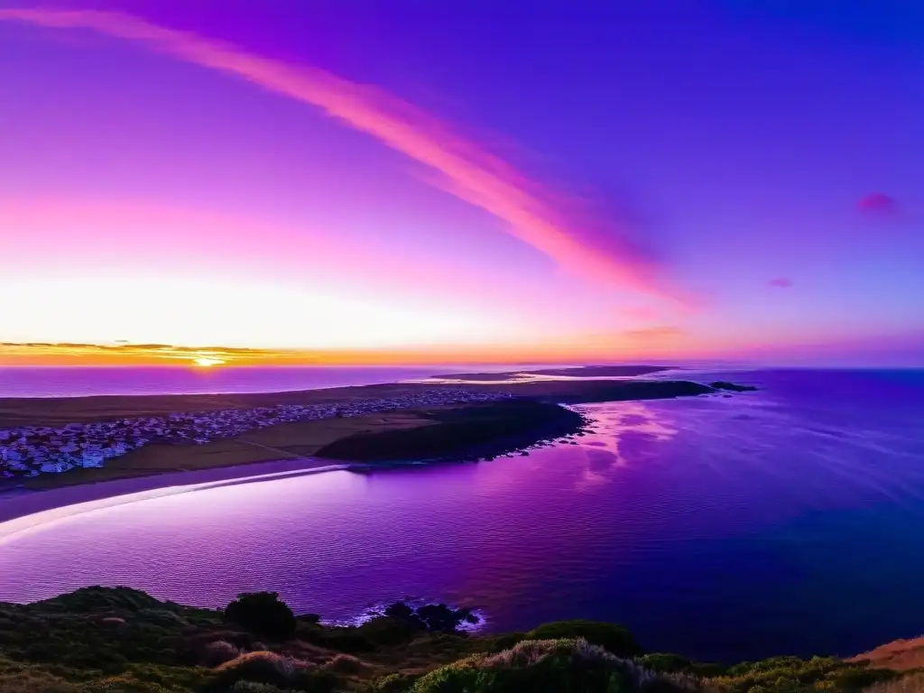 Figura solitaria admirando uno de los mejores atardeceres en la costa uruguaya de Maldonado, con cielo en tonos cálidos reflejados en el Atlántico