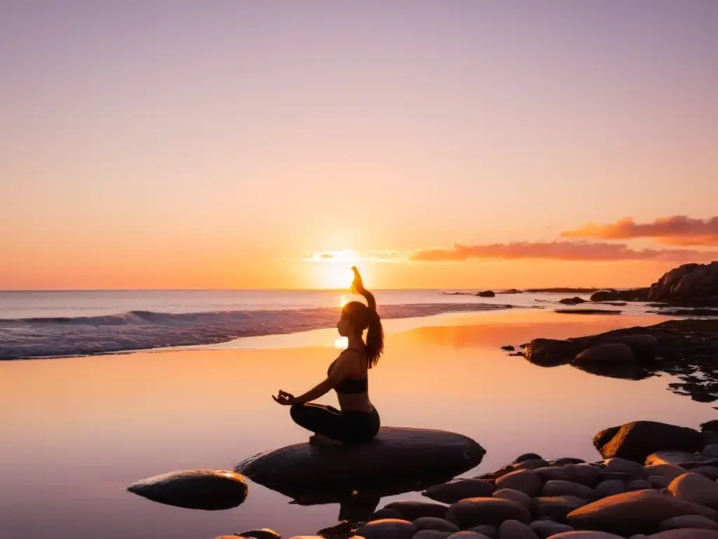 Figura solitaria practicando la pose del Guerrero II en clases de yoga al aire libre Uruguay, amanecer sereno en Punta del Este