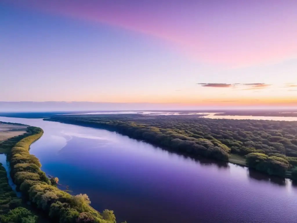 Una figura solitaria pescando al amanecer en el río Uruguay, reflejando la belleza natural de Uruguay en un viaje lleno de tranquilidad