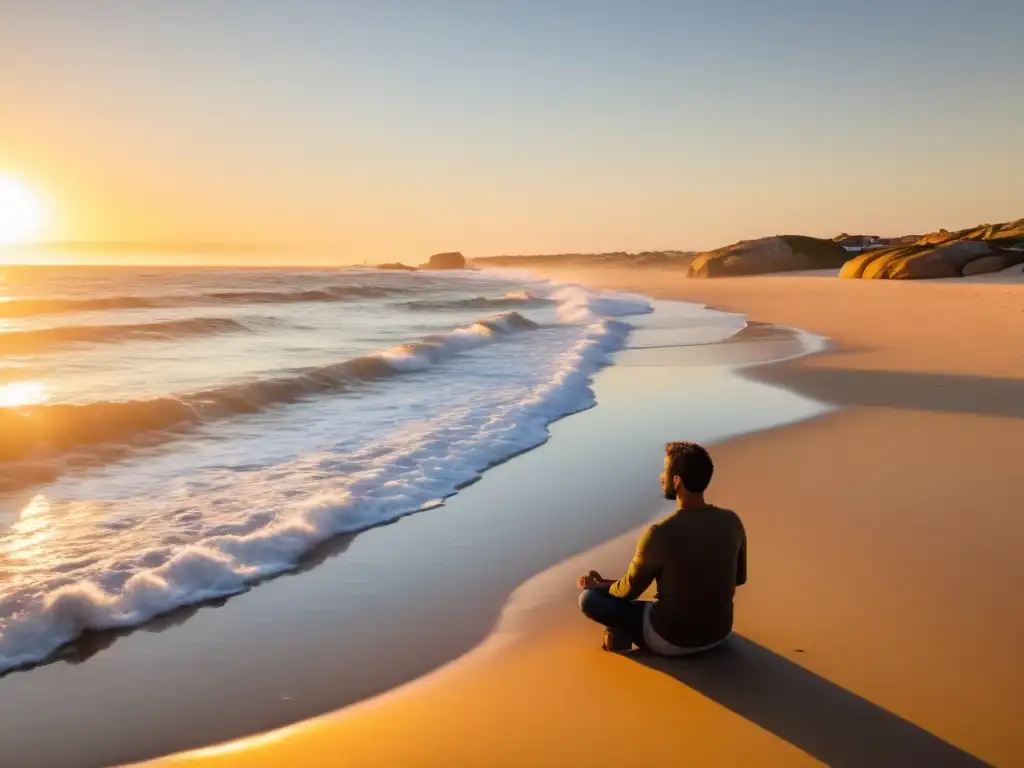 Figura solitaria meditando en la serena playa de Cabo Polonio, Uruguay, al atardecer