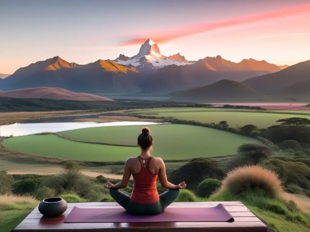 Figura solitaria practicando yoga en Uruguay, fusionando belleza y cultura gaucha, con los majestuosos Andes al amanecer