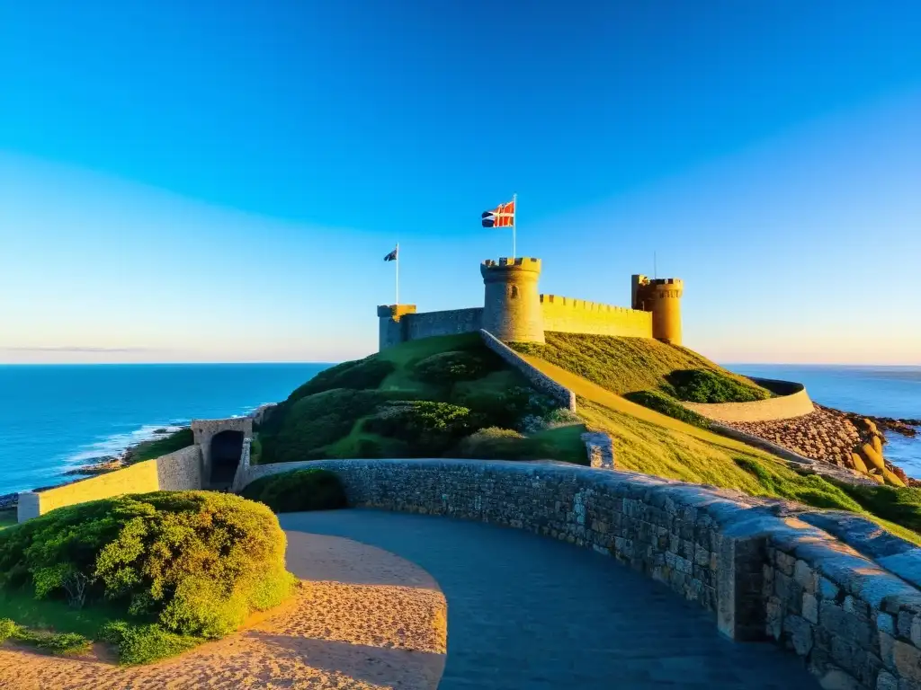 Fortaleza del Cerro, majestuosa en Montevideo, Uruguay, capturando la historia fortalezas costa uruguaya en un atardecer dorado