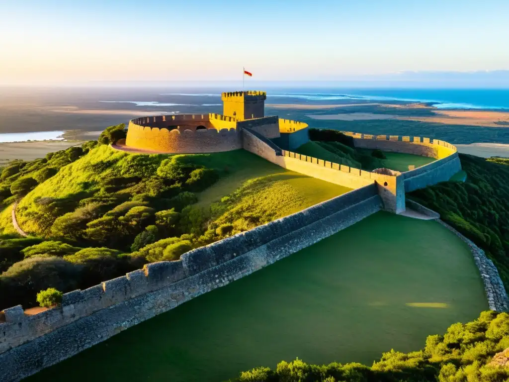 Fortaleza de San Miguel bajo la puesta de sol en Uruguay, mostrando las robustas influencias españolas en la arquitectura uruguaya