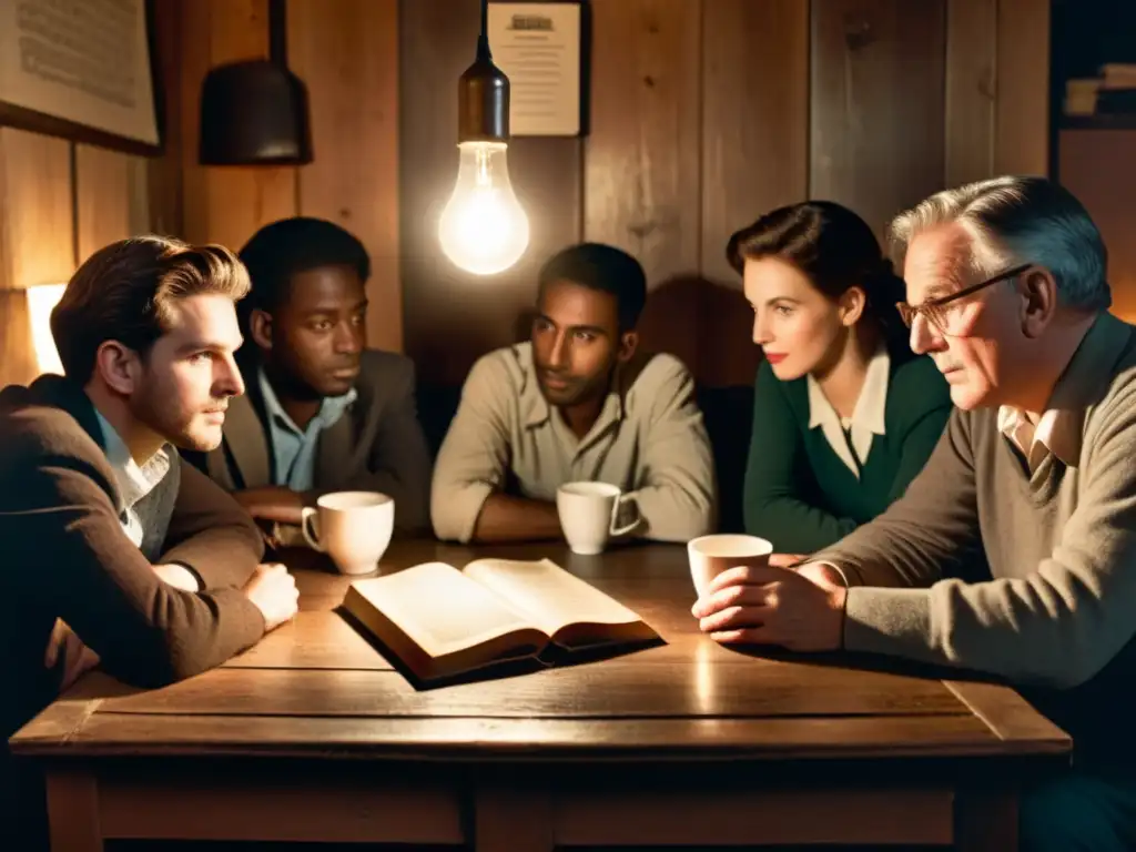 Foto antigua de la Generación del '45, discutiendo apasionadamente sobre literatura uruguaya, historia y cultura en una sala clandestina