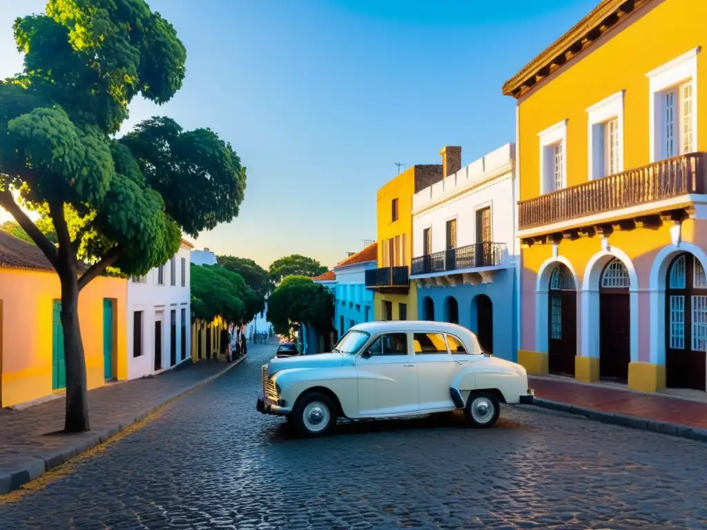 Fotografías de viaje en Uruguay: Colonia del Sacramento bañada en luz dorada, parejas paseando y coche vintage en calles empedradas