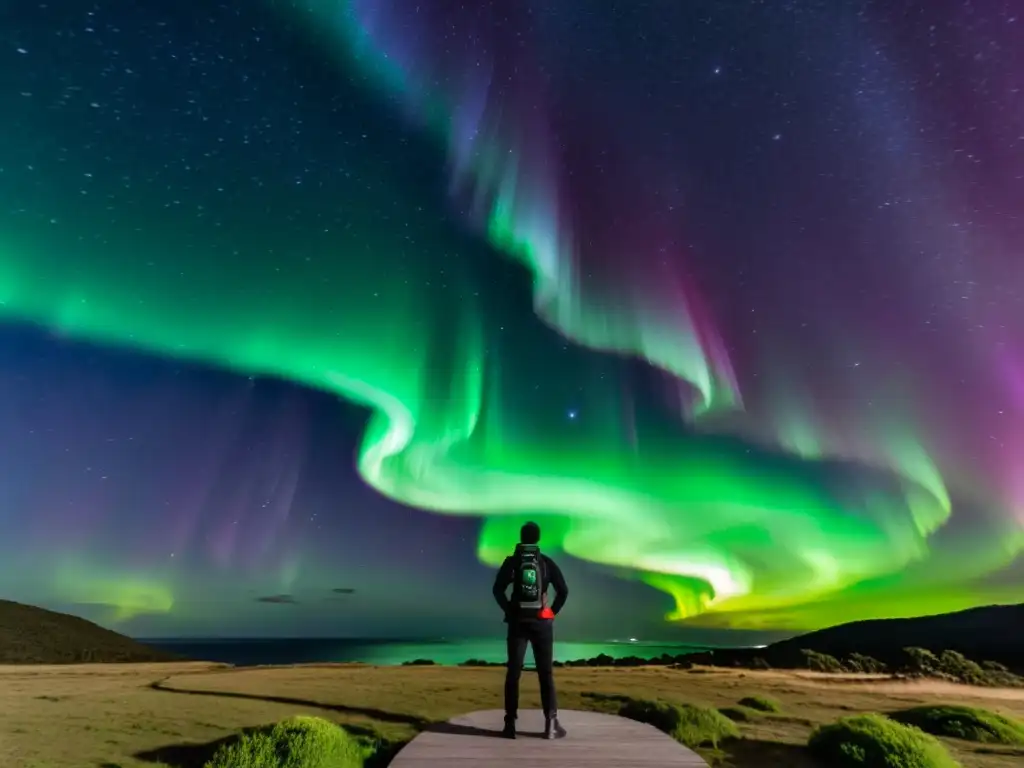 Fotógrafo capturando la belleza de fotografiar auroras en Uruguay, bajo un cielo estrellado y un paisaje rural sereno