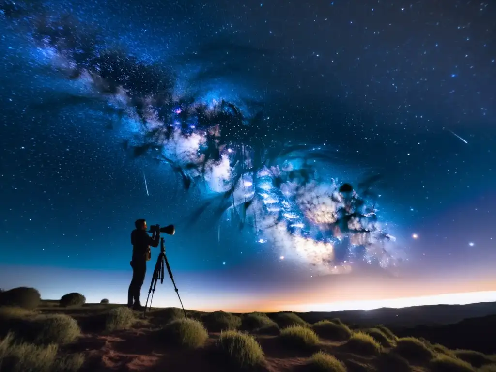 Fotógrafo capturando la belleza de la fotografía nocturna en Uruguay, bajo un cielo estrellado que ilumina emblemáticos paisajes