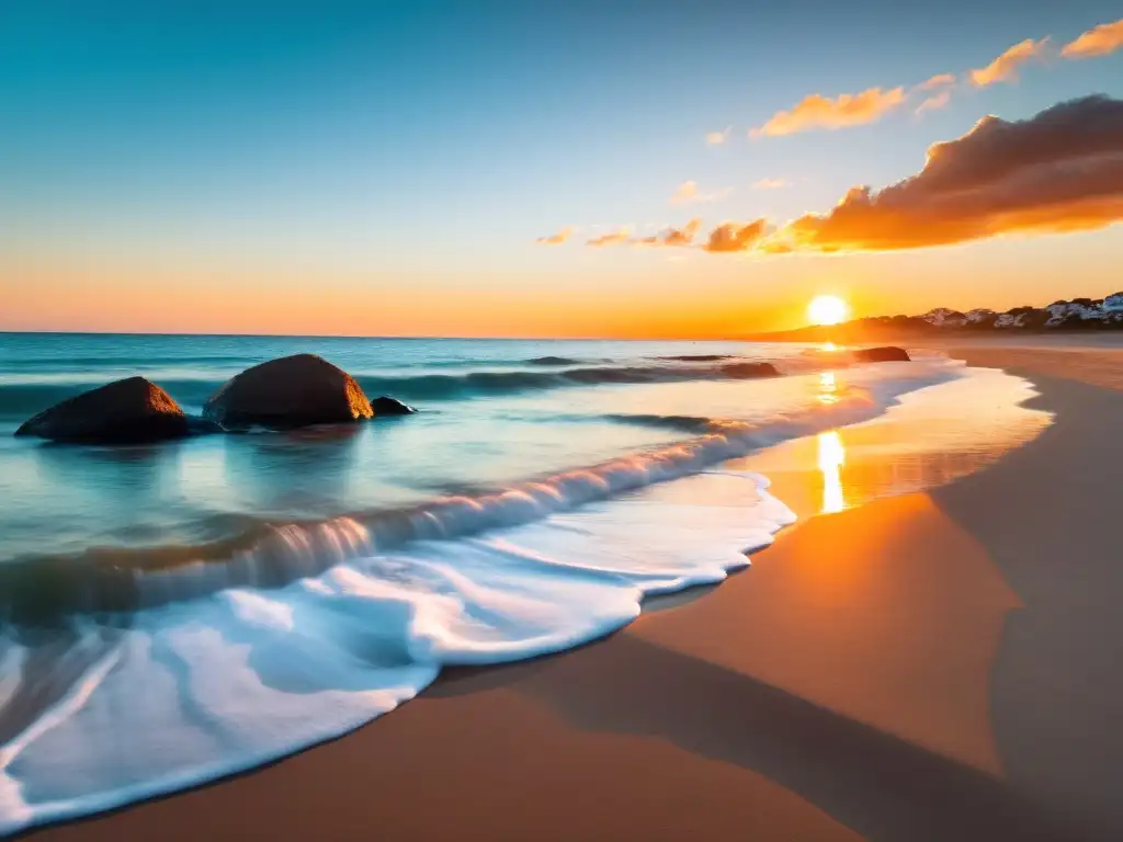 Fotógrafo capturando la belleza de las playas de Uruguay, con sombrillas coloridas y un atardecer dorado radiante