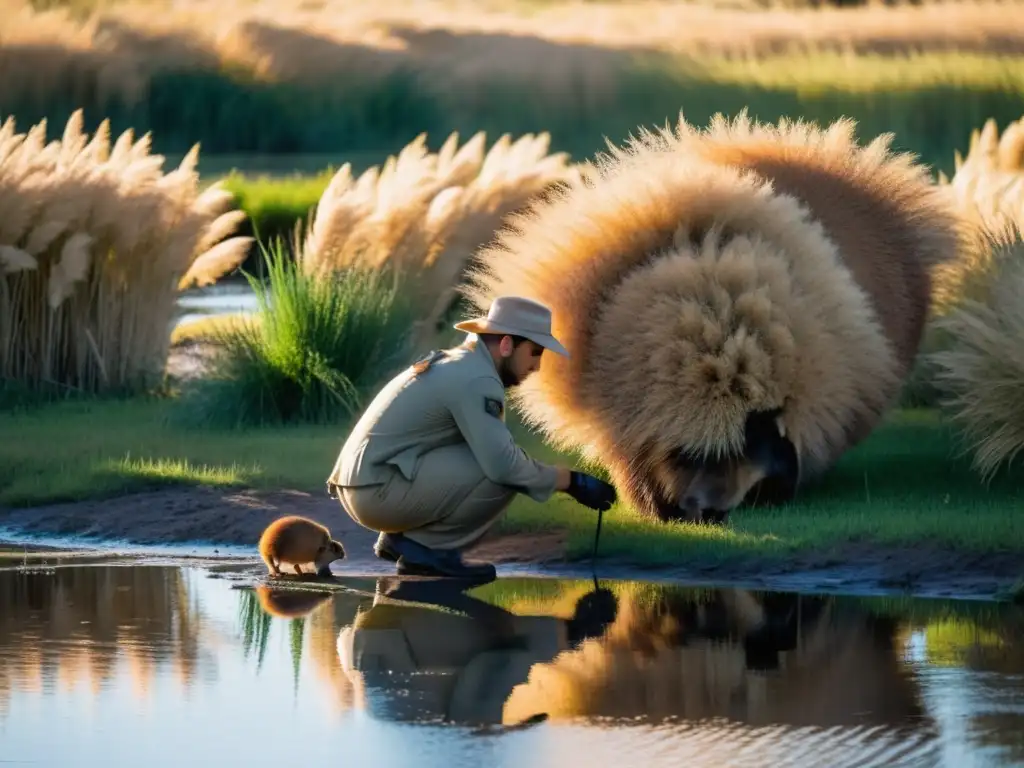 Fotógrafo en khaki y camuflaje, agazapado en las doradas pampas uruguayas, listo para fotografiar fauna y flora uruguaya, con especial enfoque en un tranquilo capibara