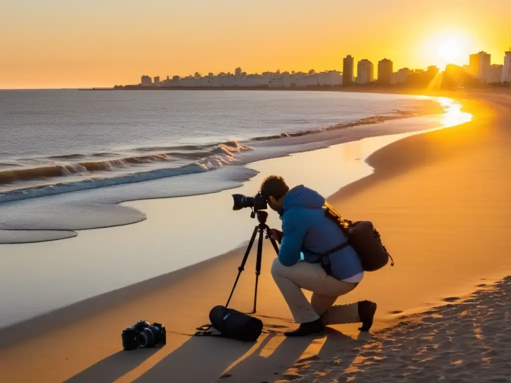 Fotógrafo capturando el encanto urbano y natural de Montevideo al atardecer, esencia de la fotografía de viaje en Uruguay