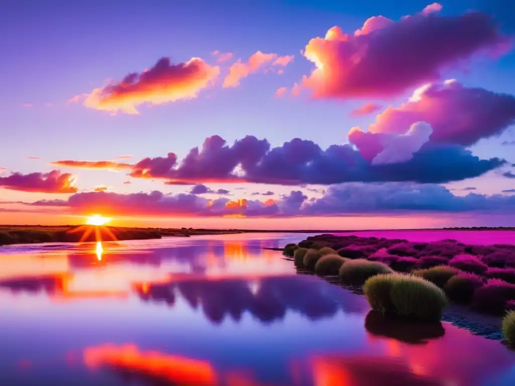 Fotógrafo preparando su equipo para fotografiar paisajes acuáticos en Uruguay, capturando un atardecer mágico en el Río de la Plata