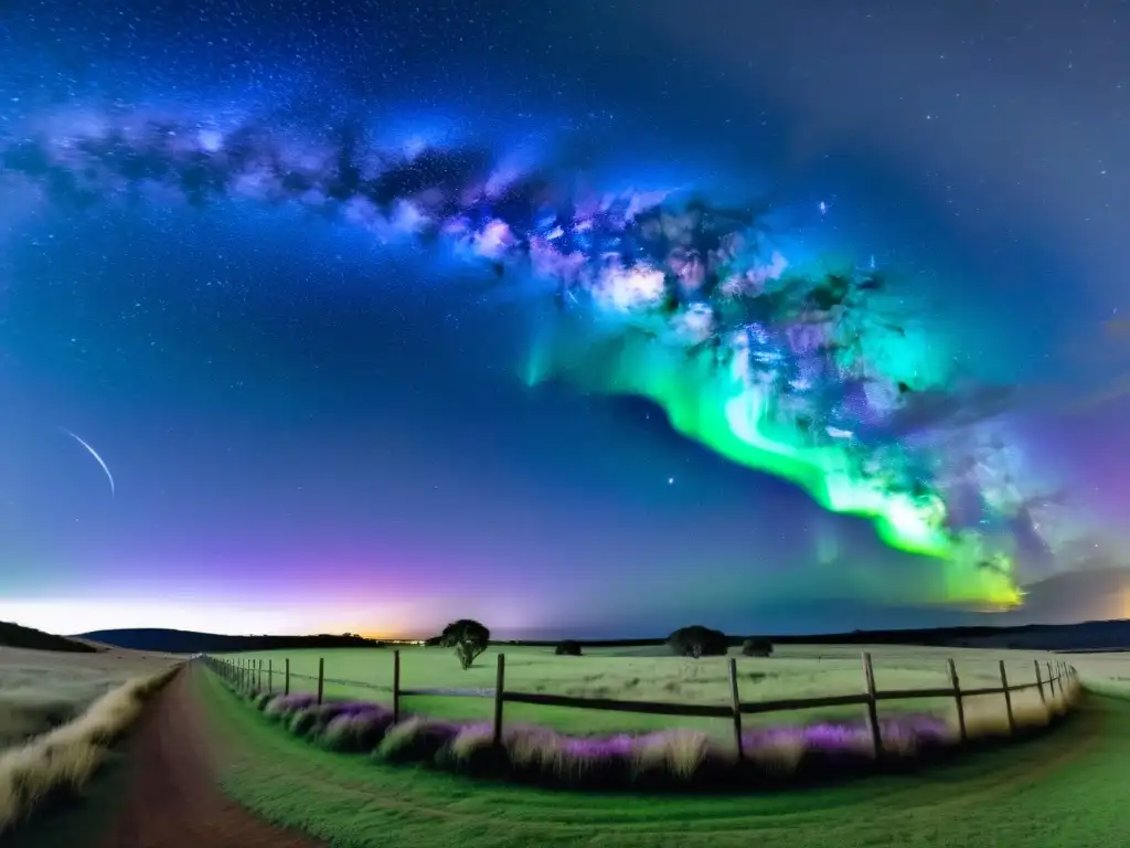 Fotógrafo capturando la esencia de fotografiar auroras en Uruguay, bajo un cielo estrellado que refleja su luz en un tranquilo estanque