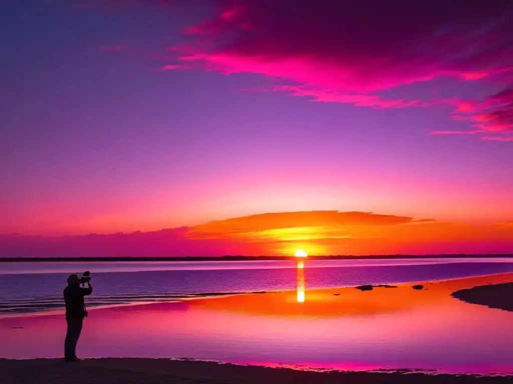 Fotógrafo capturando el espectacular atardecer en Uruguay, uno de los mejores lugares para fotografiar atardeceres