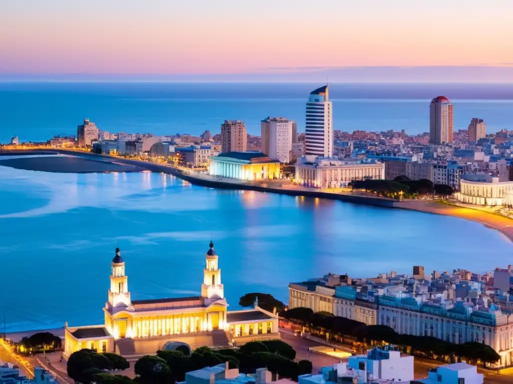 Fotógrafo capturando el mágico atardecer de Montevideo, Uruguay, con sus rascacielos y encanto colonial