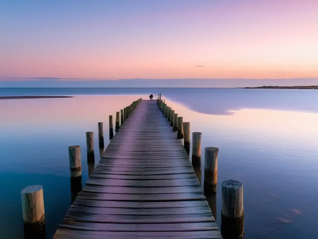 Fotógrafo capturando una majestuosa fotografía de viaje en Uruguay, en un muelle de madera al amanecer, con la silueta de Montevideo distante