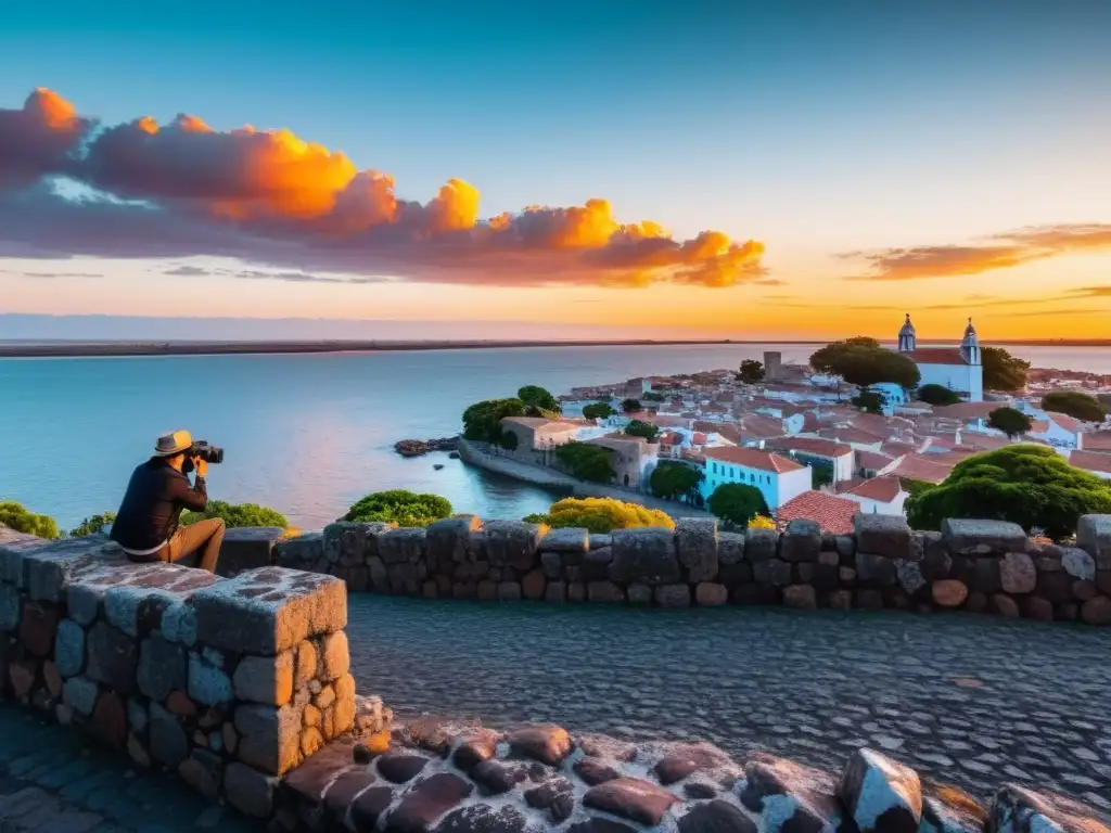 Fotógrafo capturando momentos inolvidables en Uruguay desde un acantilado, con la histórica Colonia del Sacramento bajo un atardecer vibrante en 8k