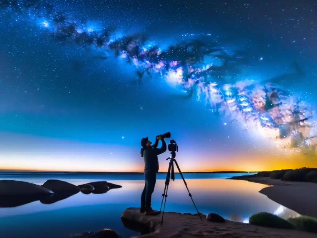 Fotógrafo capturando la fotografia nocturna en Uruguay bajo un cielo estrellado que se refleja en el Rio de la Plata