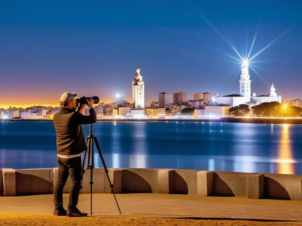 Fotógrafo profesional capturando con su cámara la vibrante vida nocturna de Montevideo, Uruguay, siguiendo consejos de fotografía nocturna