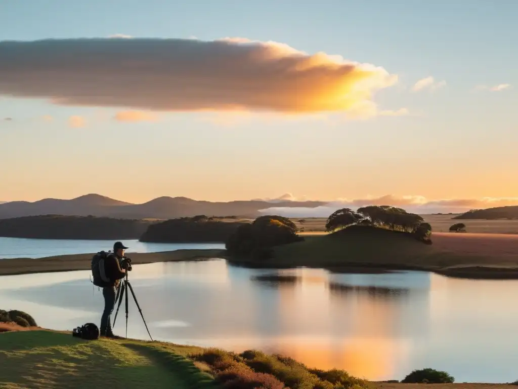 Fotógrafo profesional fotografiando colores de estaciones Uruguay, capturando con su equipo de alta gama la hora dorada en un paisaje otoñal