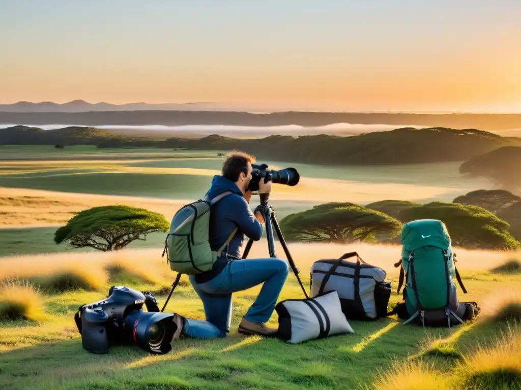 Fotógrafo profesional preparando su equipo para capturar y fotografiar la fauna y flora uruguaya en un amanecer lleno de vida y belleza