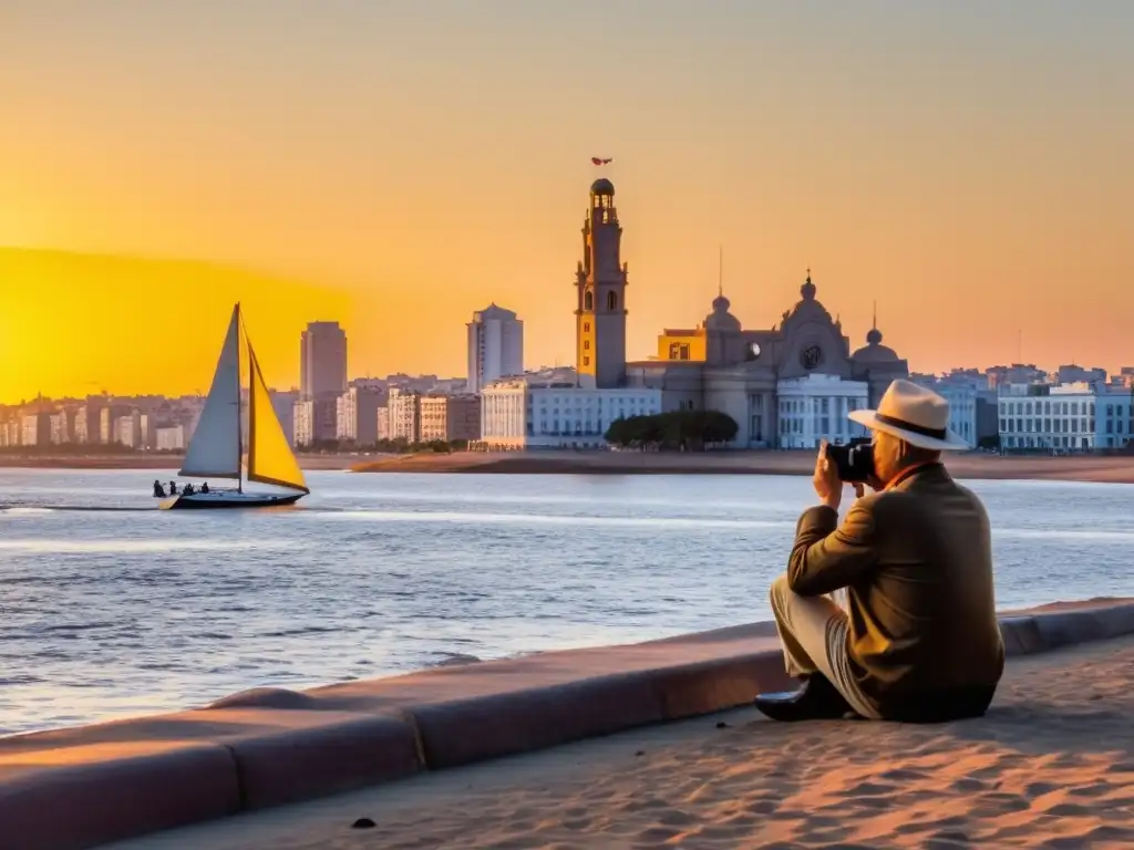 Un fotógrafo capturando la puesta de sol en Montevideo, explorando la cultura uruguaya a través de retratos llenos de encanto