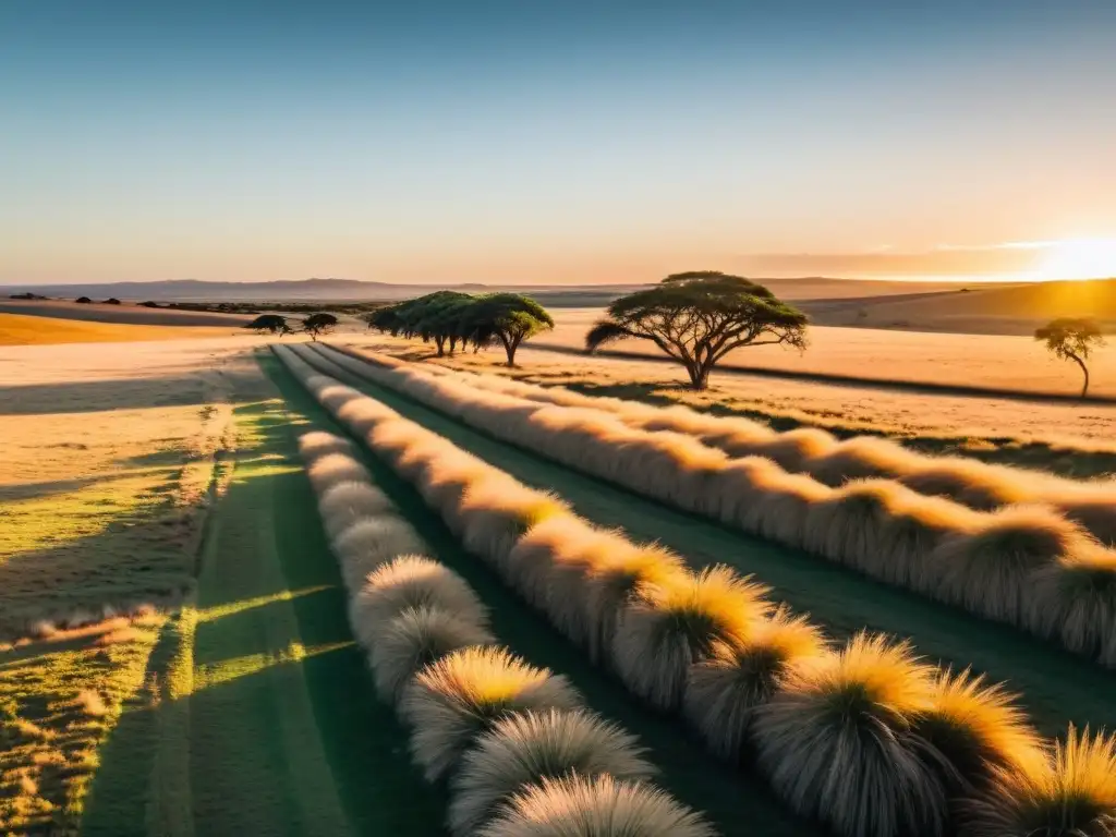 Fotógrafo en silueta capturando la tranquilidad y belleza dorada de la pampa uruguaya al atardecer