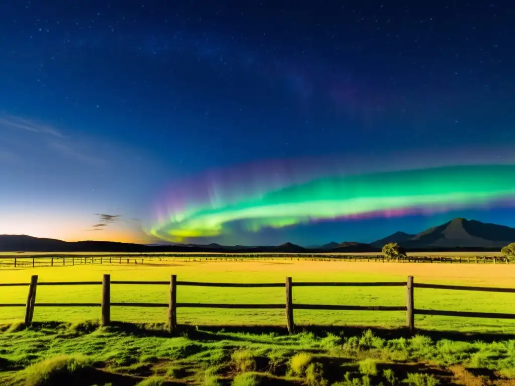 Fotógrafo solitario capturando la belleza de las auroras en Uruguay, bajo un cielo estrellado sobre un sereno campo nocturno